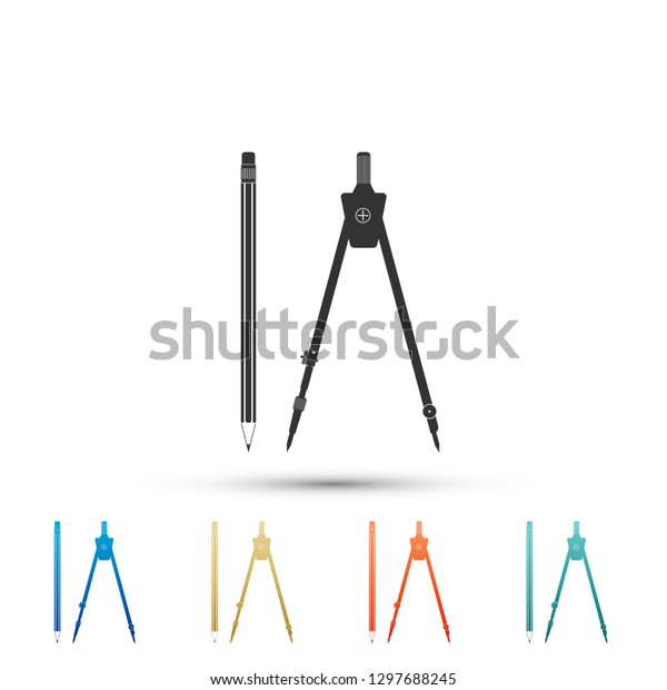Drawing compass and\
pencil with eraser icon isolated on white background. Education\
sign. Drawing and educational tools. Geometric equipment. School\
office symbol. Flat\
design
