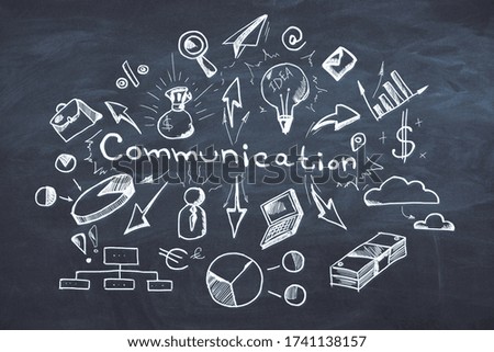 Drawing comunication plan on gray concrete wall. Success and technology concept. 3D Rendering