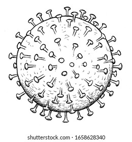 Drawing of Coronavirus COVID-19. Black and white illustration.