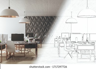 Drawing Coworking Office Interior With Equipment And Computer On Desktop.  Workplace And Corporate Concept. 3D Rendering