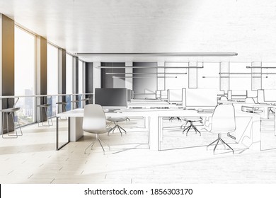 Drawing Coworking Office Interior With Equipment And Computers On Desktop. Coworking Workplace Concept. 3D Rendering