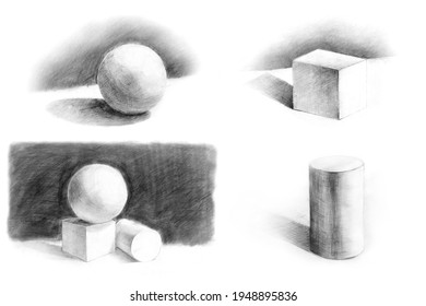 Drawing of a cube, a ball, and a cylinder. Separately and together. Isometry. Academic drawing. An old drawing.