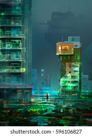 Drawing Of Cyberpunk, The Night City Of The Future Utopia