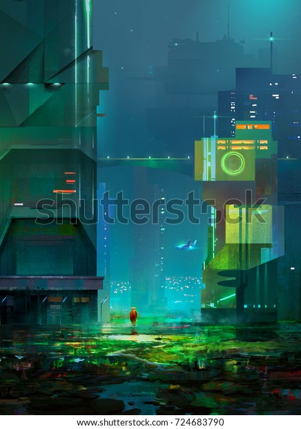 サイバーパンクの絵 未来の幻想的な街を描く夜 のイラスト素材