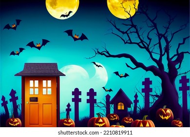 Drawing And Decor Of Halloween With The Door Of A Cemetery To Enter A Party With The Dead And Pumpkins