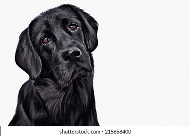 Drawing Of The Dog, A Black Labrador, Portrait, On A White Background