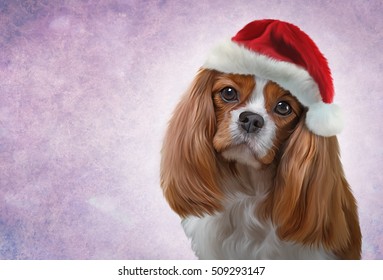 Drawing Dog Cavalier King Charles Spaniel In A Hat Of Santa Claus, Portrait Oil Painting On A Color Background. Christmas And New Year