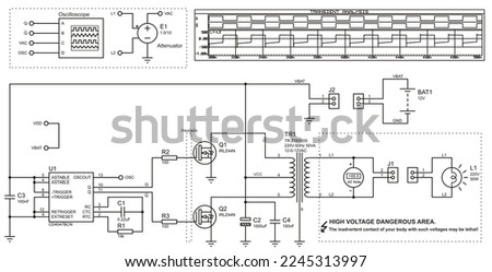 Drawing of an electrical circuit with an oscilloscope, voltmeter,
transformer, incandescent lamp and other electronic components. Time diagrams
of circuit signals. Transient analysis.