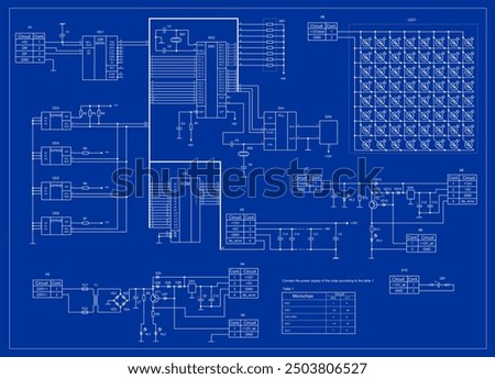 Drawing of an electrical schematic
diagram of an electronic device, operating under the control
of a microcontroller. The device is powered
by a solar battery. Alternative energy source.