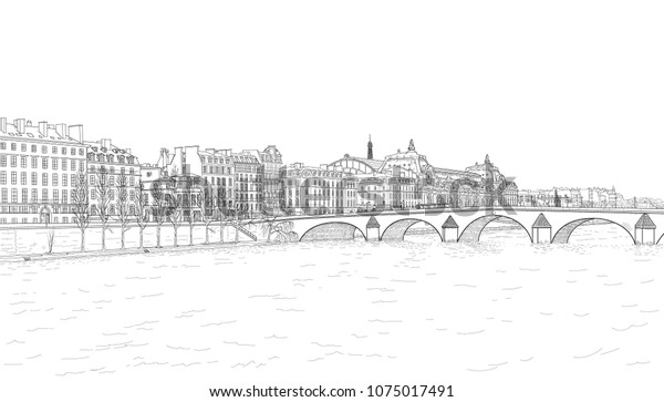 パリのセーヌ川と橋の土手の引き摺り のイラスト素材