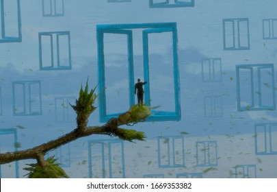 Drawing. Endless space. Imaginary scene. human standing alone. Surreal digital image. Abstract world. Windows floating. Philosophy. 2d illustration.
