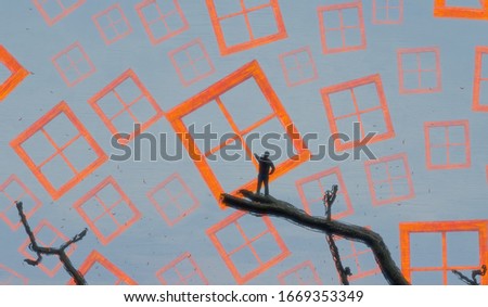Drawing. Endless space. Imaginary scene. human standing alone. Surreal digital image. Abstract world. Windows floating. Philosophy. 2d illustration.