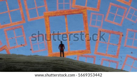 Drawing. Endless space. Imaginary scene. human standing alone. Surreal digital image. Abstract world. Windows floating. Philosophy. 2d illustration.