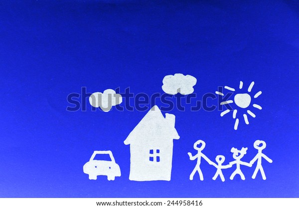 drawing of\
family next to the house on blue\
background