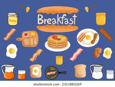 A drawing featuring breakfast set consisting eggs  fried eggs  sausage  toast  strawberry jam  butter  bacon  pan  pancakes  honey  milk  blue background 