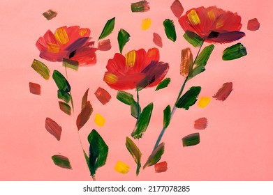 Drawing Flowers On A Green Background. Oil Painting, Acrylic.
Impressionistic Style, Flower Painting, Bright Colors. Artistic Background. Postcard. Flower Card. Spring Flowers