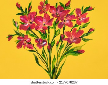 Drawing Flowers On A Green Background. Oil Painting, Acrylic.
Impressionistic Style, Flower Painting, Bright Colors. Artistic Background. Postcard. Flower Card. Spring Flowers