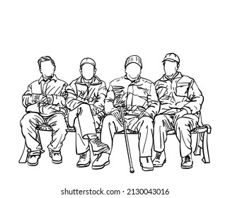 Drawing Of Four Old Men Friends Sitting On Bench Near To Each Other, Many People No Face, Sketch Hand Drawn Line Illustration