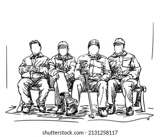 Drawing Of Four Old Men Friends Sitting On Bench Near To Each Other, Many People No Face, Sketch Hand Drawn Illustration