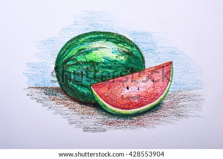 Drawing Fruit Colour Pencil Watermelon Stock Illustration 428553904