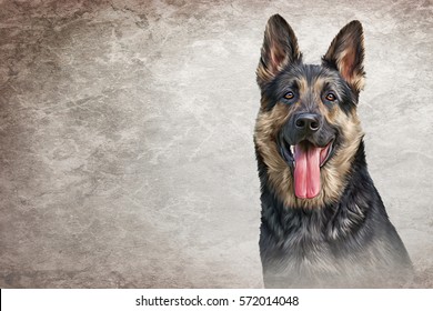 Drawing German Shepherd Dog Portrait Oil Painting On Old Vintage Color Grunge Paper Background. Hand Drawn Home Pet. Digital Painting. Rastr Stock Llustration