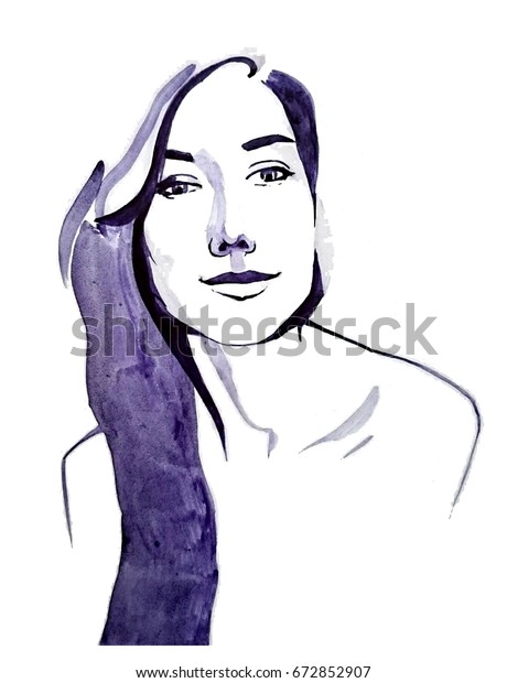 Drawing Girl Purple Paints Without Reference Stock Illustration