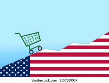 Drawing Of A Grocery Cart Rising Over The United States Flag. Concept Of Inflation And Rising US Food Prices. Inflation In The USA.