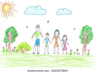 Drawing of a happy family on a walk outdoors. Pencil art in childish style - Powered by Shutterstock