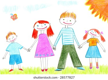 Drawing happy family and two kids