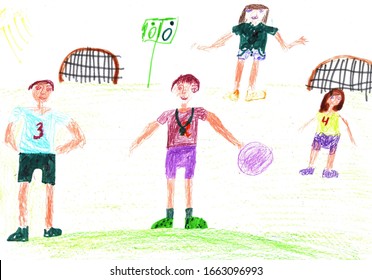 Drawing Of A Happy Sports Family Playing Soccer With Kids.Active Healthy Lifestyle Concept.Pencil Art In Childish Style.
