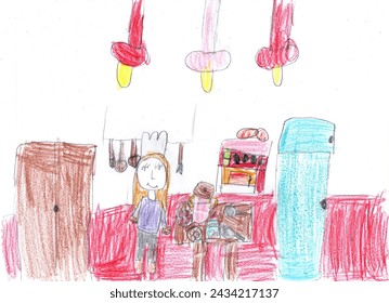 Drawing of a happy woman preparing food in the kitchen. The chef in the restaurant prepares food. Pencil drawing in children's style. - Powered by Shutterstock