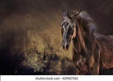 Drawing horse portrait oil painting on old vintage color grunge paper background