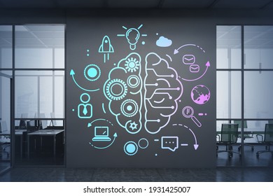 Drawing Of Human Brain, Illustration Sketch Near Dark Conference Room In Business Office. Lightbulb, Messages And Earth Globe Symbol. Concept Of Start Up And New Ideas, 3D Rendering No People