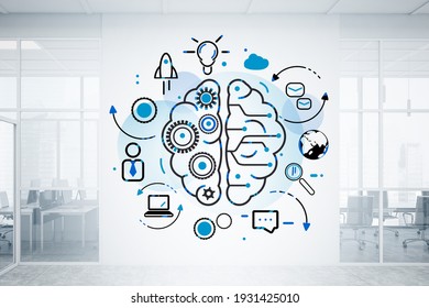 Drawing Of Human Brain, Illustration Sketch Near Conference Room In Business Office. Lightbulb, Messages And Earth Globe Symbol. Concept Of Start Up And New Ideas, 3D Rendering No People