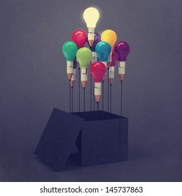 drawing idea pencil   light bulb concept think outside the box as creative   leadership as vintage style concept