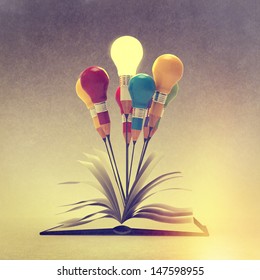 drawing idea pencil   light bulb concept outside the book as creative as vintage style concept