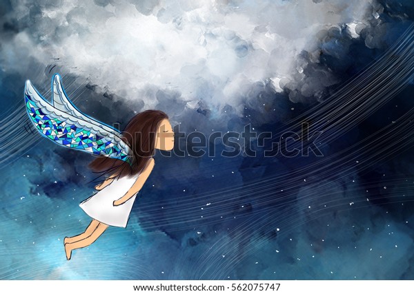 夜の暗い曇り空に羽が飛ぶ少女の天使のイラスト 孤独 勇敢 忍耐 戦い テンプレートの前進の背景壁紙のアイデア のイラスト素材
