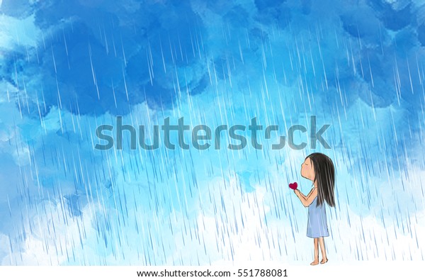 雨の空を望む心を持つ孤独な女の子のイラストを描く バレンタイン 傷つく 悲しみ 愛 芸術 関係のアイデア グラフィックテンプレートの壁紙の背景 の イラスト素材