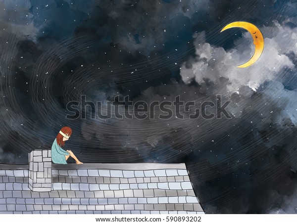 屋根の上に一人で座っている悲しい盲人の女の子のイラストを描いて 月明かりの月影の暗い夜空 悲しい 惨め 芸術的 想像力 夢 孤独で傷ついたテンプレート 背景デザインのアイデア のイラスト素材