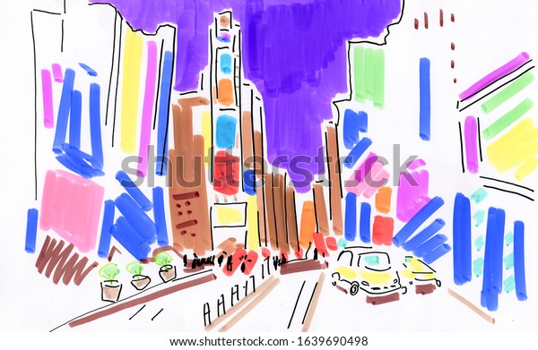 Drawing illustration of street in New York. \
Background for\
design.