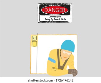 Drawing Image Of Trained Competent Maintenance Worker Wearing Safety Harness, Blue Safety Helmet Clear Glass Exit From Confined Space Entry Manhole Door And Gas Testing Atmosphere Hanging On The Door