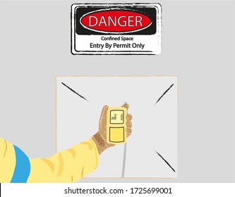 Drawing  Image Of Worker Hand Wearing A Safety Glove Holding Conducting Gas Testing Detector Atmosphere Device At Main Entry And Exit On Confined Space Door  Prior To Work Isolated White 
Background 