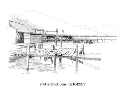 Drawing Of Landscape With Old Fishing Village