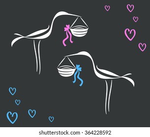 Drawing Line Curve Stork Brought A Newborn Baby.