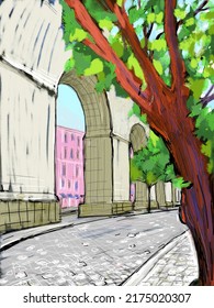 Drawing Of The Águas Livres Aqueduct In Lisbon From The Side Of The Public Garden