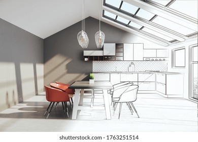 Drawing Loft Kitchen Interior With Furniture And Sunlight. Design And Style Concept. 3d Rendering