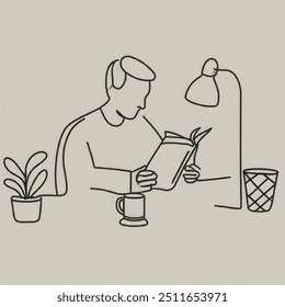 A drawing of a man reading a book with a plant in the corner, an illustration  - Powered by Shutterstock