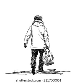 Drawing of mature man carrying duffel bag and wearing winter clothes, back view, sketch Hand drawn illustration