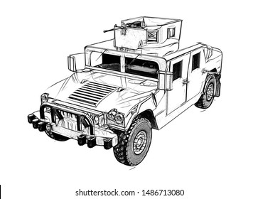 Drawing Military Vehicle Isolated On White Stock Illustration ...