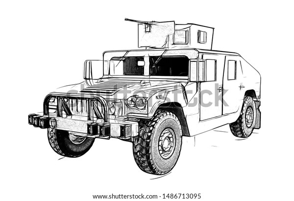 Drawing Military Vehicle Isolated On White Stock Illustration